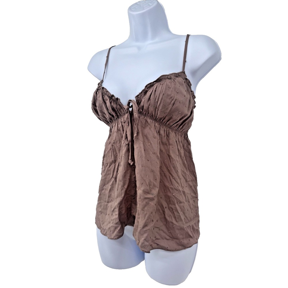 Y2K Babydoll Coquette Brown swiss dot tie front tank festival ruched bust empire